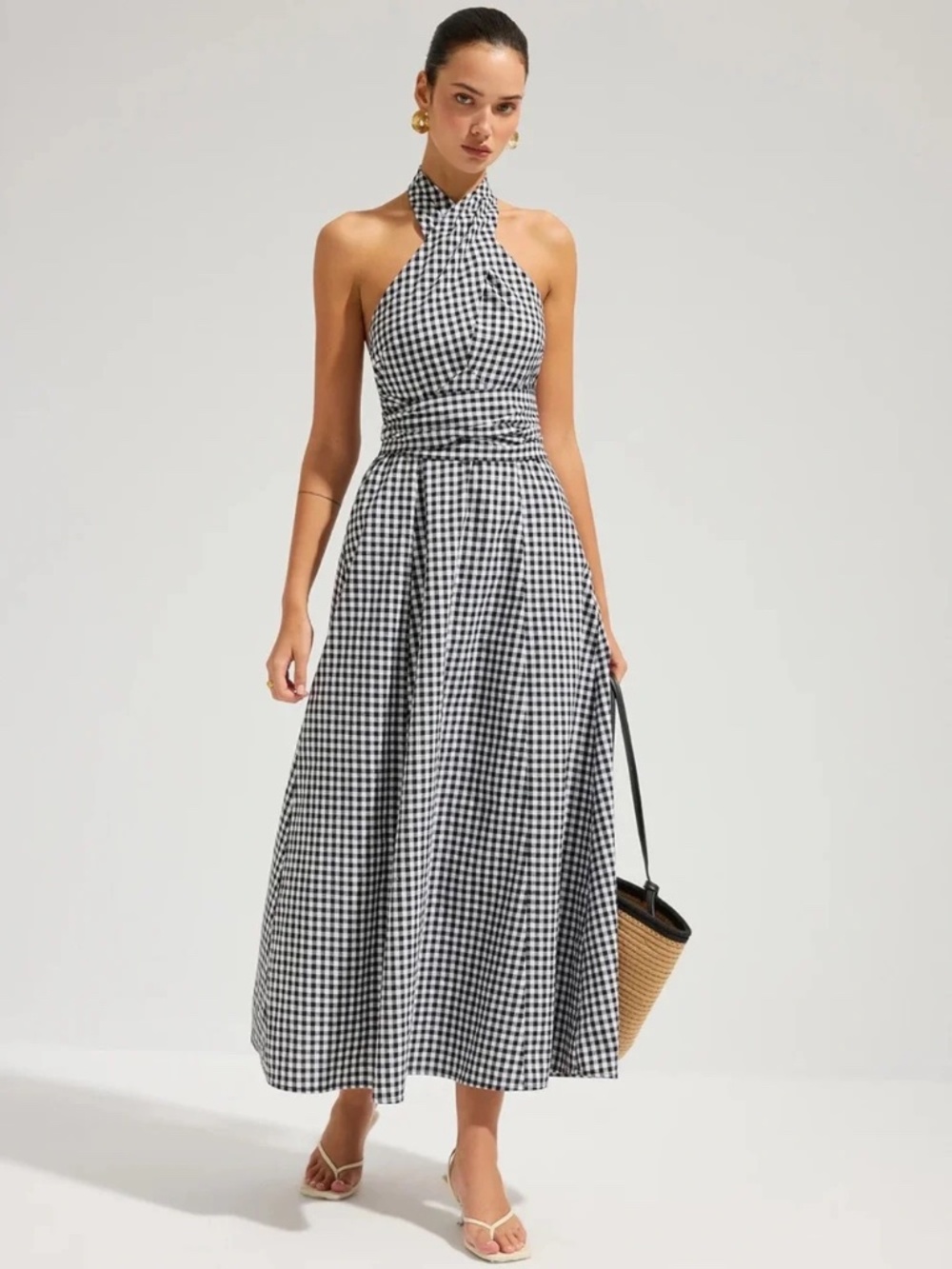 Commense Gingham Halter Maxi Dress